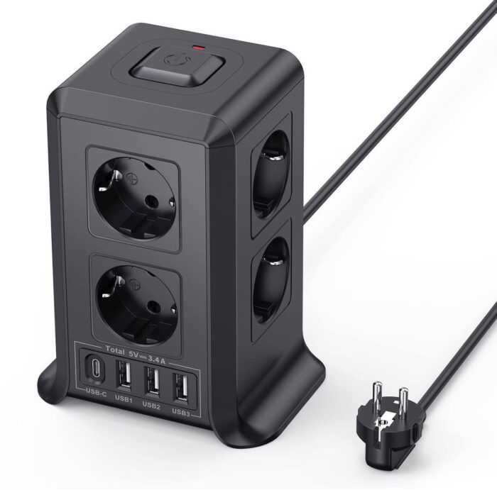 ⁦شريط طاقة 8 AC + 4 USB – 5 أمتار، حماية زيادة تيار، أسود⁩ - الصورة ⁦1⁩