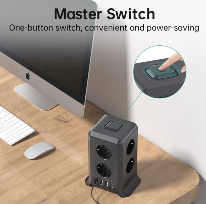 ⁦شريط طاقة 8 AC + 4 USB – 5 أمتار، حماية زيادة تيار، أسود⁩ - الصورة ⁦3⁩
