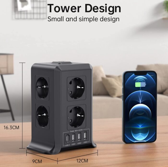 ⁦شريط طاقة 8 AC + 4 USB – 5 أمتار، حماية زيادة تيار، أسود⁩ - الصورة ⁦2⁩