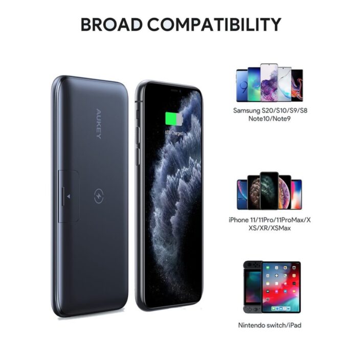 ⁦باور بانك Aukey 10000 مللي أمبير/ساعة مع شحن لاسلكي وحامل هاتف قابل للطي⁩ - الصورة ⁦3⁩