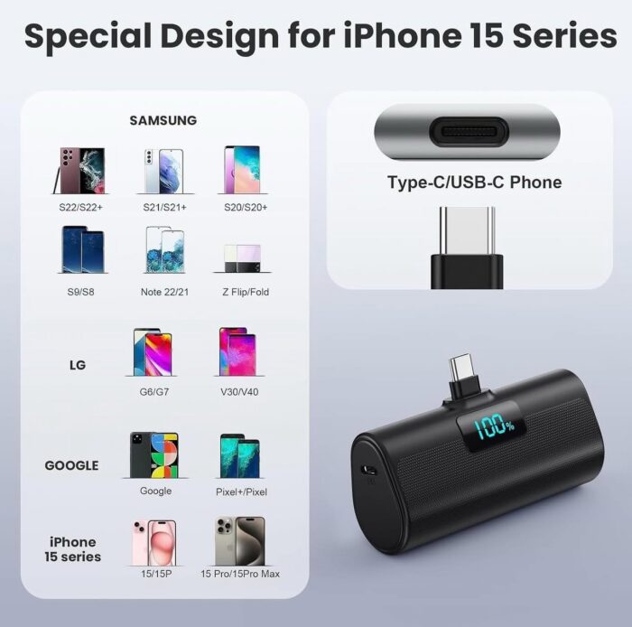 ⁦باور بانك صغير بسعة 5200 مللي أمبير مزوّد بموصل USB-C مدمج وشاشة LCD⁩ - الصورة ⁦2⁩
