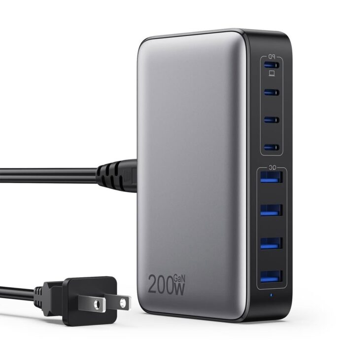 ⁦شاحن USB-C 200 واط GaN III – موزع شحن سريع مع 8 منافذ لجميع الأجهزة⁩ - الصورة ⁦1⁩