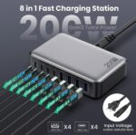شاحن USB-C 200 واط GaN III – موزع شحن سريع مع 8 منافذ لجميع الأجهزة - الصورة 2