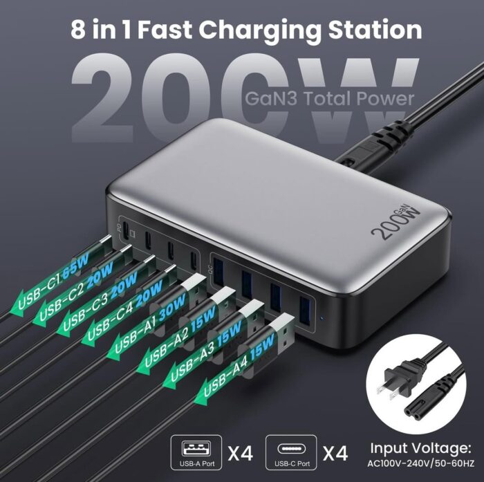 ⁦شاحن USB-C 200 واط GaN III – موزع شحن سريع مع 8 منافذ لجميع الأجهزة⁩ - الصورة ⁦2⁩