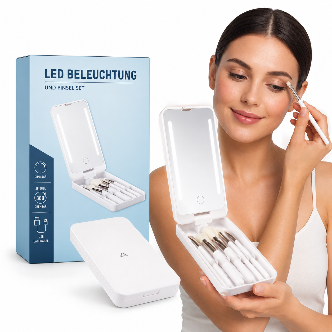 4D9185AC-C51F-4F5A-A163-9A1A86B7489A طقم مرآة مضيئة مع فرش مكياج عدد 5 مكياج ابيض - الصورة 1